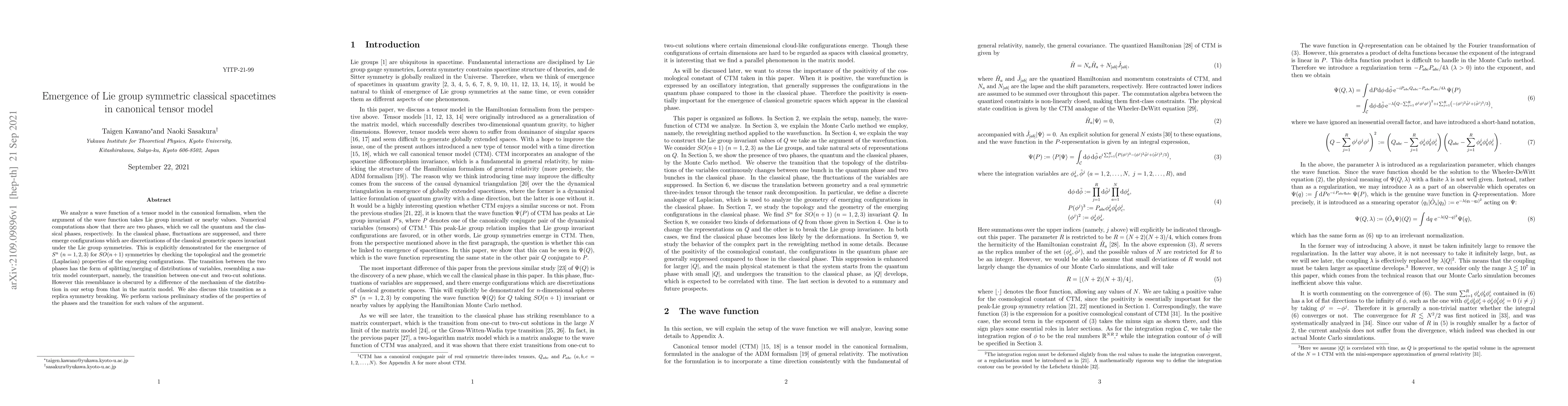 Thumbnail for Emergence of Lie group symmetric classical spacetimes in canonical
  tensor model
