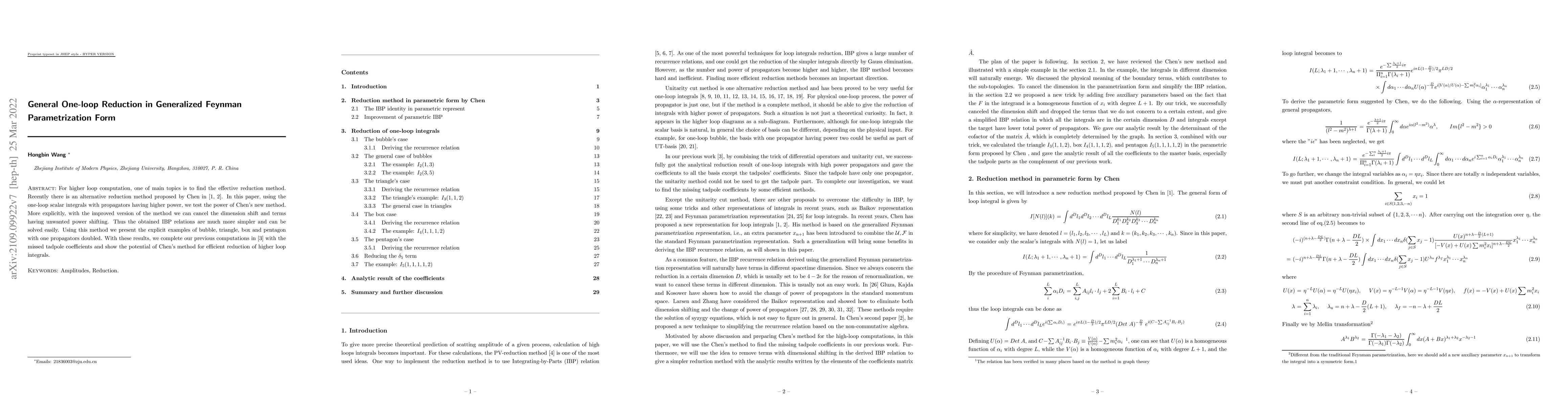 Thumbnail for General One-loop Reduction in Generalized Feynman Parametrization Form