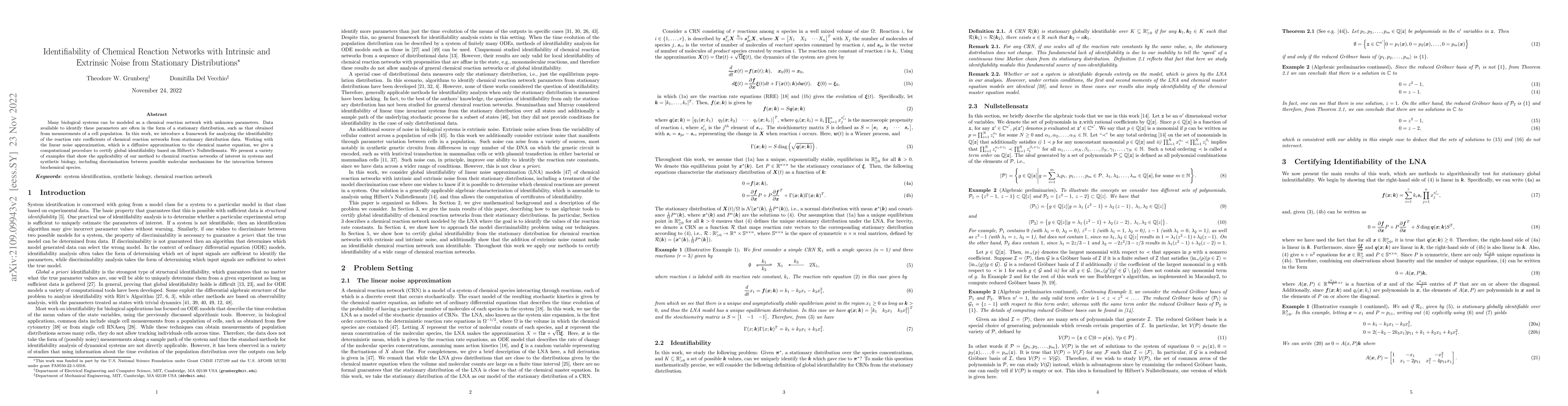 Thumbnail for Identifiability of Chemical Reaction Networks with Intrinsic and
  Extrinsic Noise from Stationary Distributions