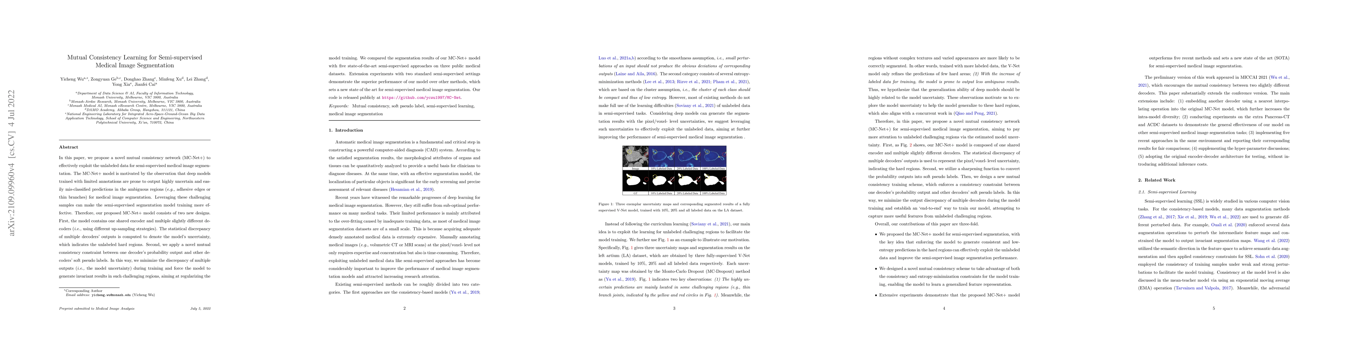 Thumbnail for Mutual Consistency Learning for Semi-supervised Medical Image
  Segmentation