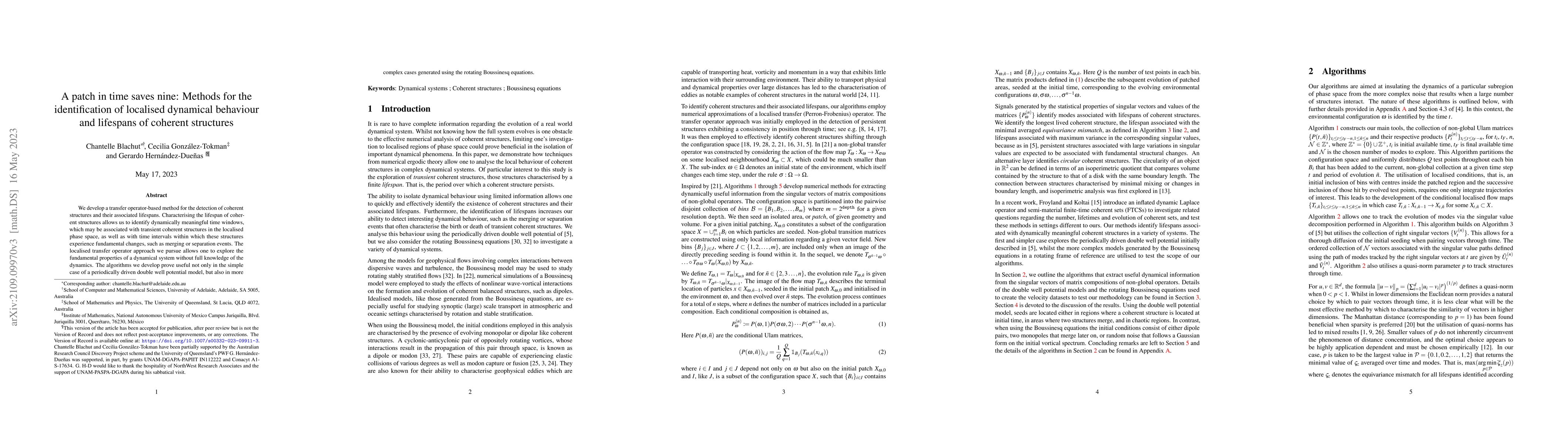 Thumbnail for A patch in time saves nine: Methods for the identification of localised
  dynamical behaviour and lifespans of coherent structures