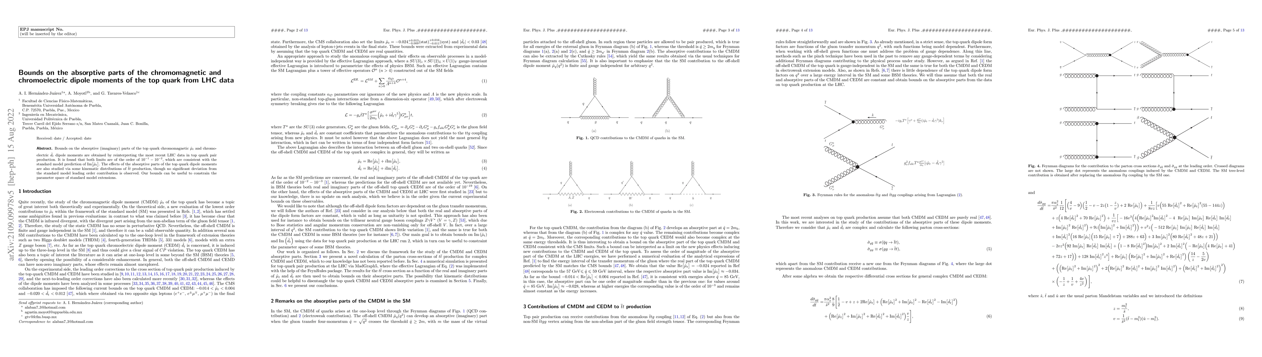 Thumbnail for Bounds on the absorptive parts of the chromomagnetic and chromoelectric
  dipole moments of the top quark from LHC data