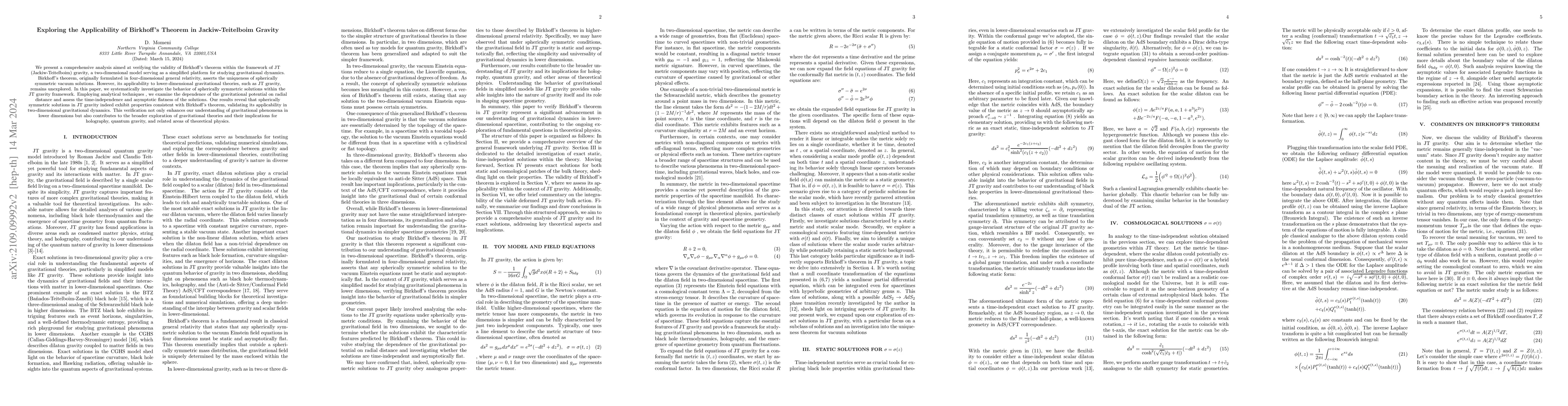 Thumbnail for Exploring the Applicability of Birkhoff's Theorem in Jackiw-Teitelboim
  Gravity