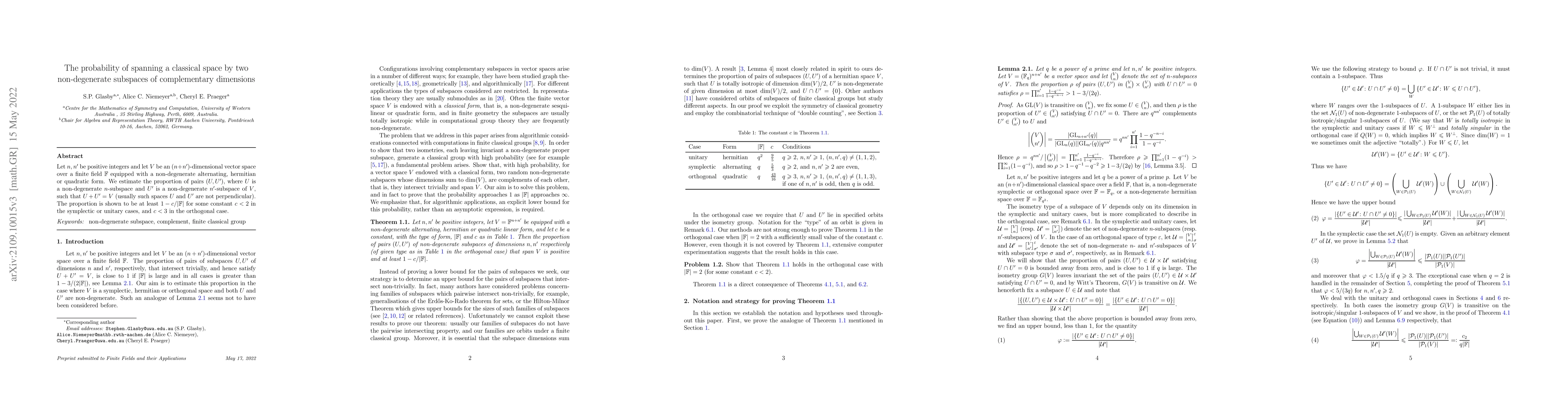 Thumbnail for The probability of spanning a classical space by two non-degenerate
  subspaces of complementary dimension