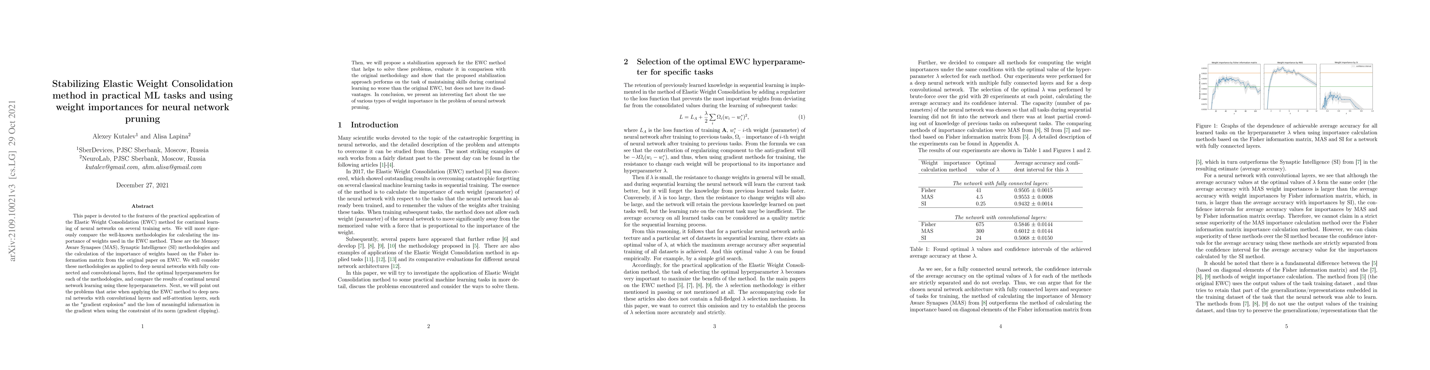 Thumbnail for Stabilizing Elastic Weight Consolidation method in practical ML tasks
  and using weight importances for neural network pruning