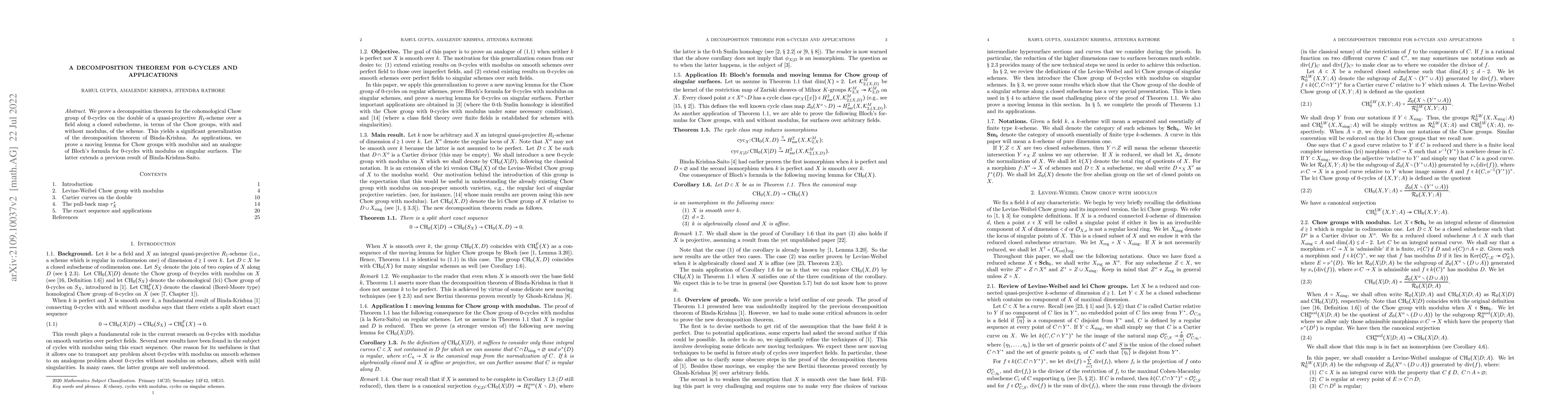 Thumbnail for A decomposition theorem for 0-cycles and applications