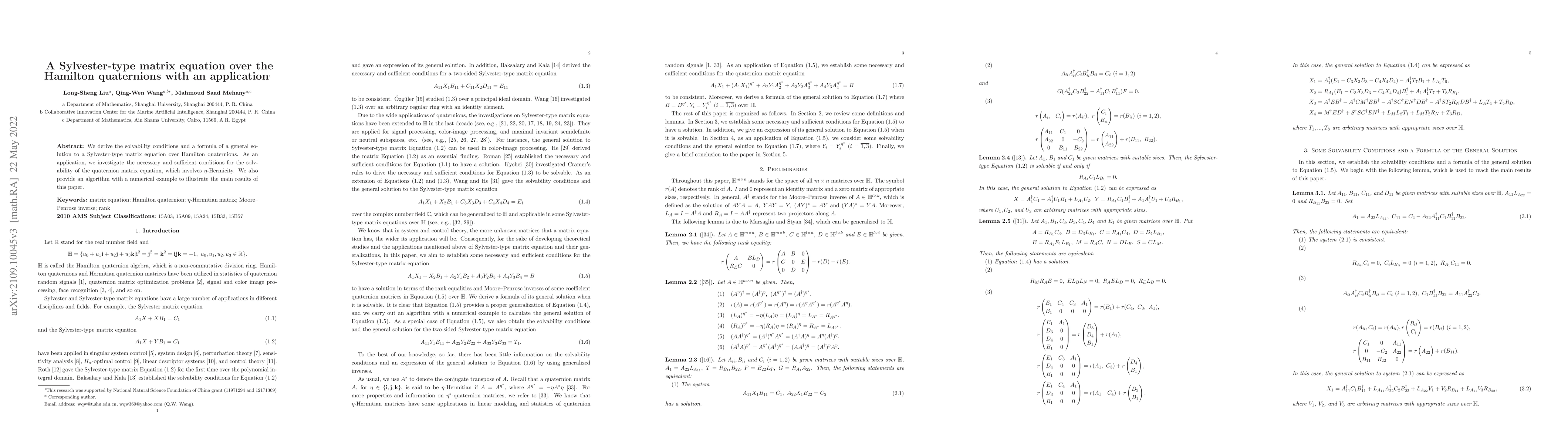 Thumbnail for A Sylvester-type matrix equation over the Hamilton quaternions with an
  application