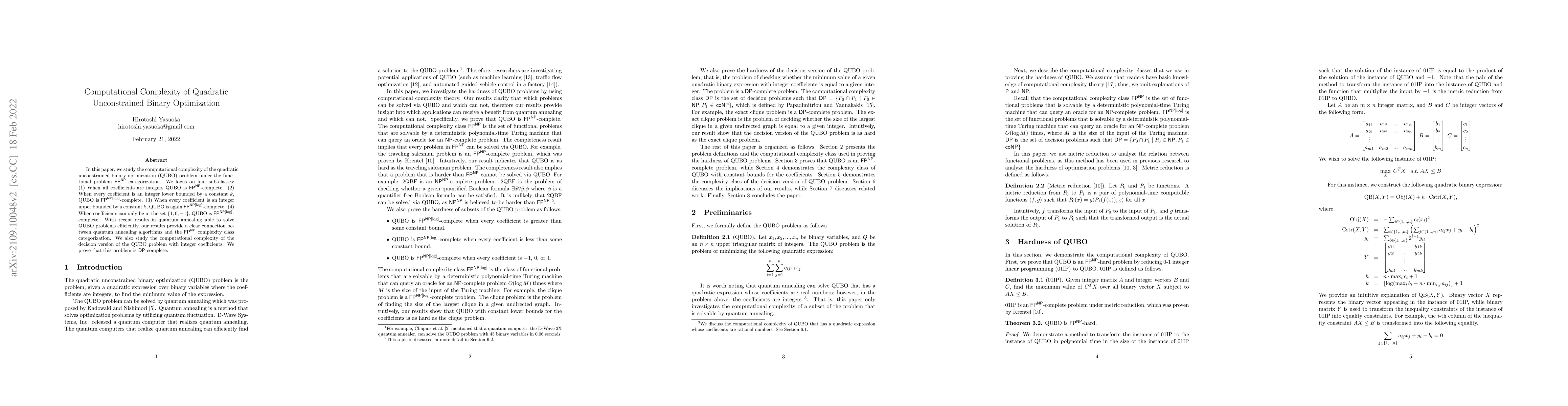 Thumbnail for Computational Complexity of Quadratic Unconstrained Binary Optimization