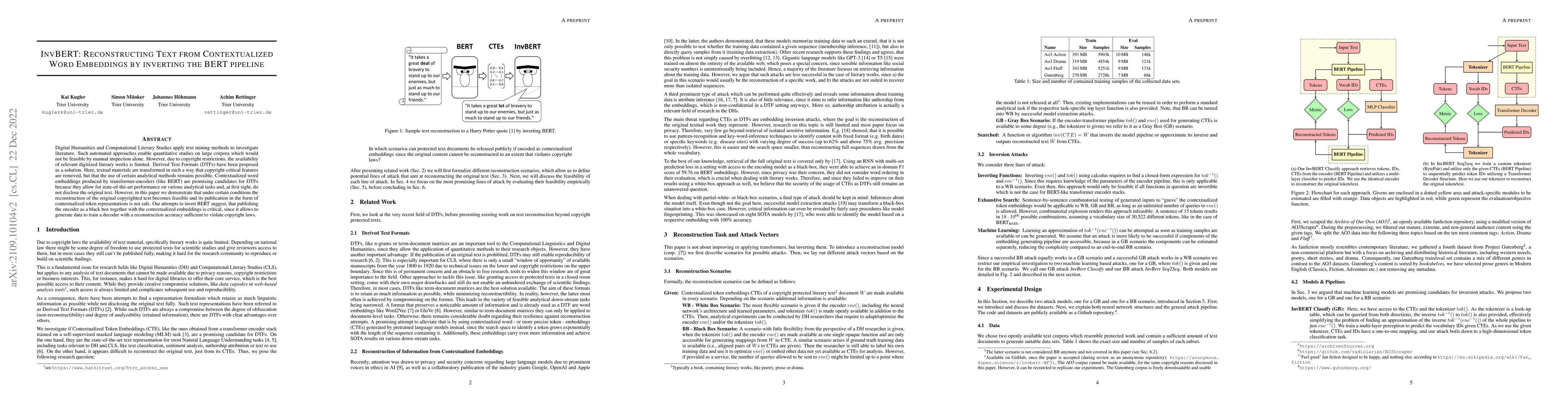 Thumbnail for InvBERT: Reconstructing Text from Contextualized Word Embeddings by
  inverting the BERT pipeline
