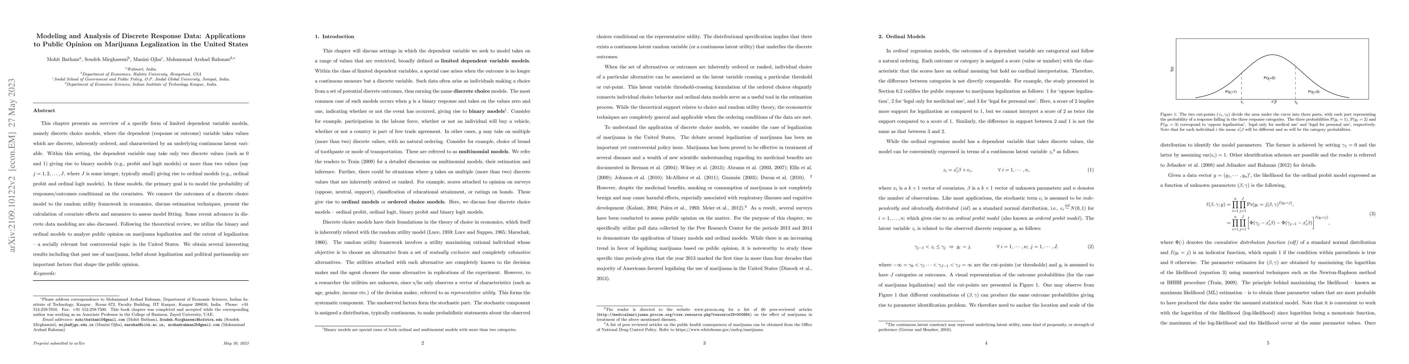 Thumbnail for Modeling and Analysis of Discrete Response Data: Applications to Public
  Opinion on Marijuana Legalization in the United States