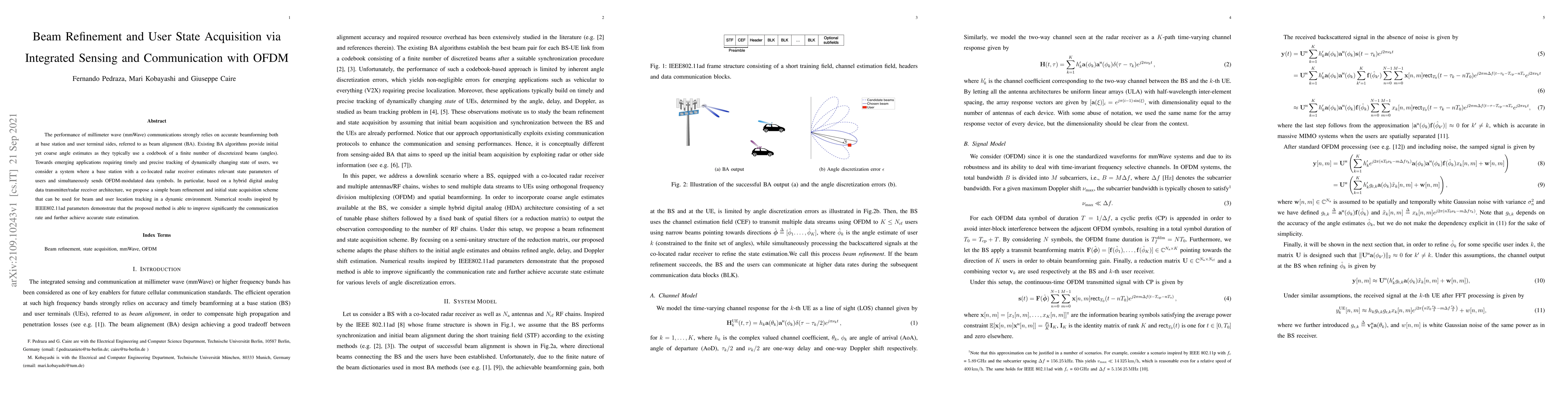 Thumbnail for Beam Refinement and User State Acquisition via Integrated Sensing and
  Communication with OFDM