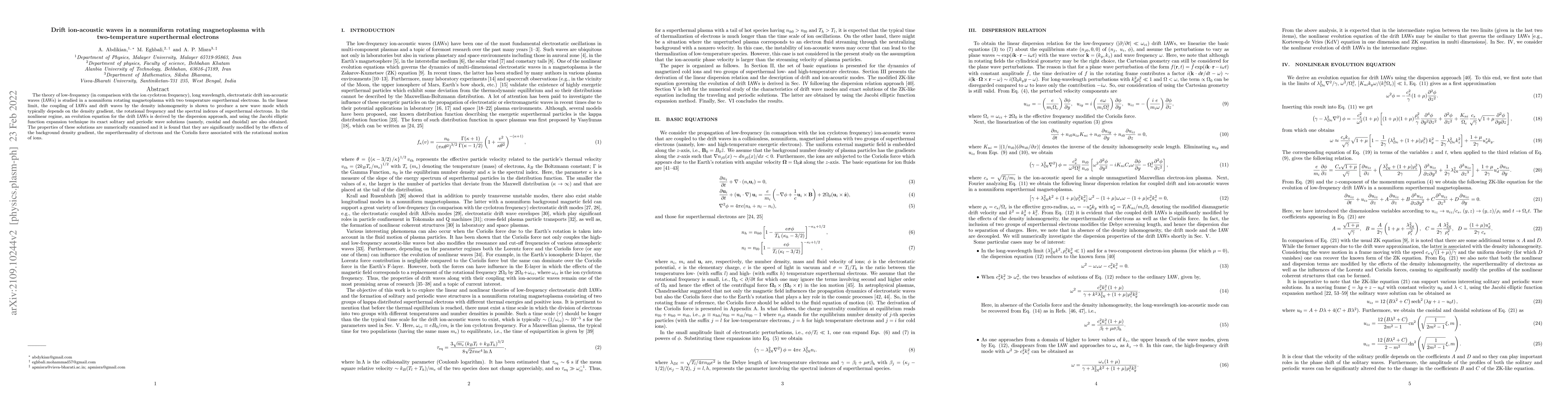 Thumbnail for Drift ion-acoustic waves in a nonuniform rotating magnetoplasma with
  two-temperature superthermal electrons