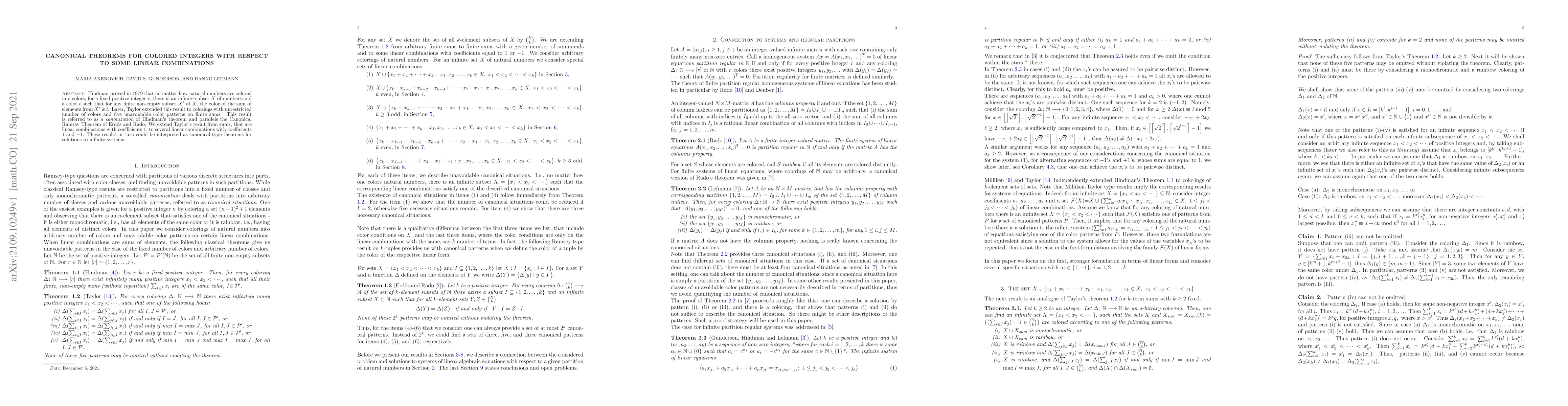 Thumbnail for Canonical theorems for colored integers with respect to some linear
  combinations