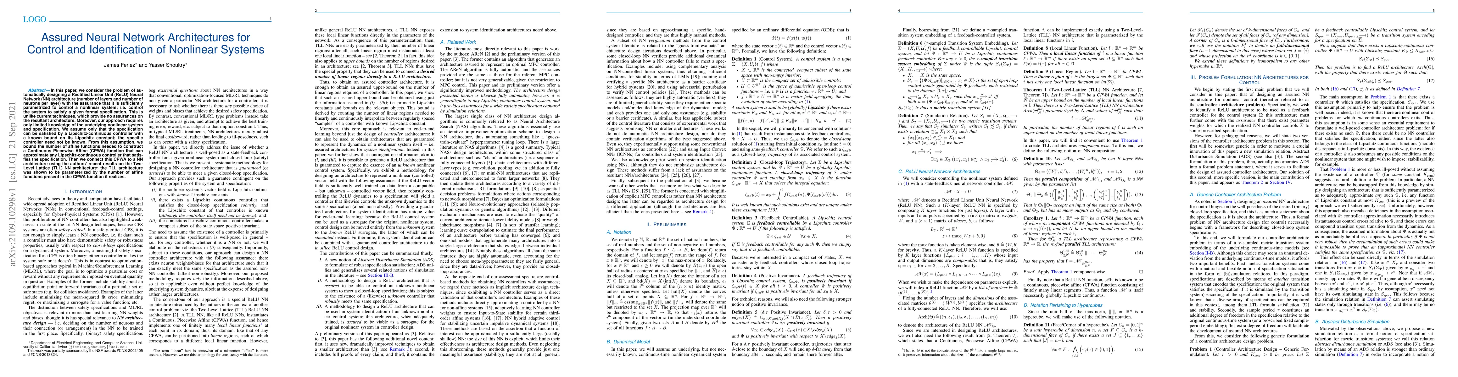 Thumbnail for Assured Neural Network Architectures for Control and Identification of
  Nonlinear Systems
