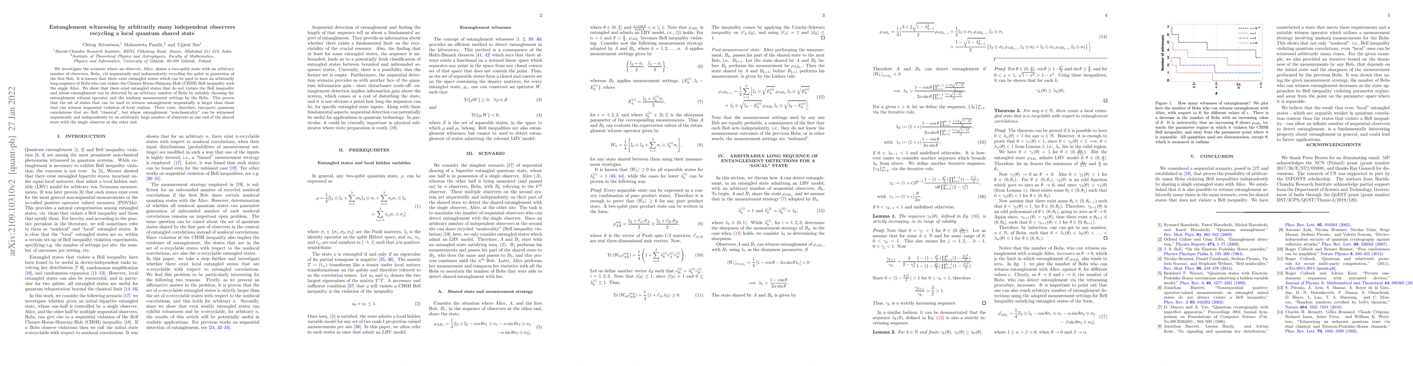 Thumbnail for Entanglement witnessing by arbitrarily many independent observers
  recycling a local quantum shared state