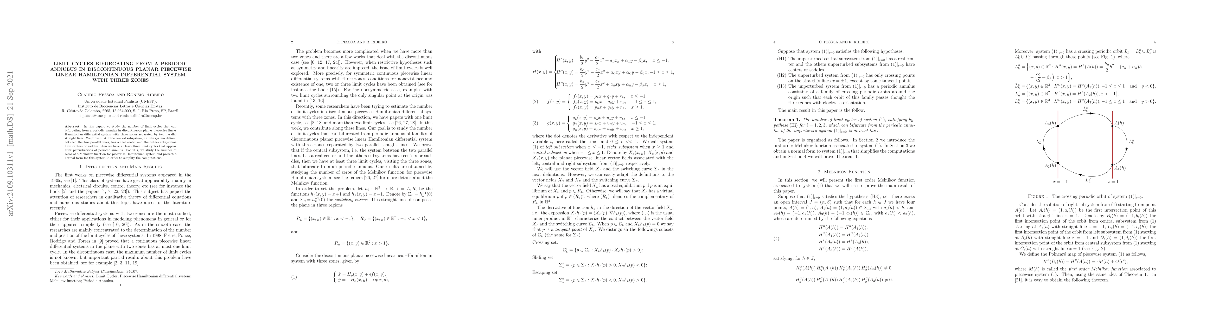 Thumbnail for Limit Cycles Bifurcating from a Periodic Annulus in Discontinuous Planar
  Piecewise Linear Hamiltonian differential System with Three Zones