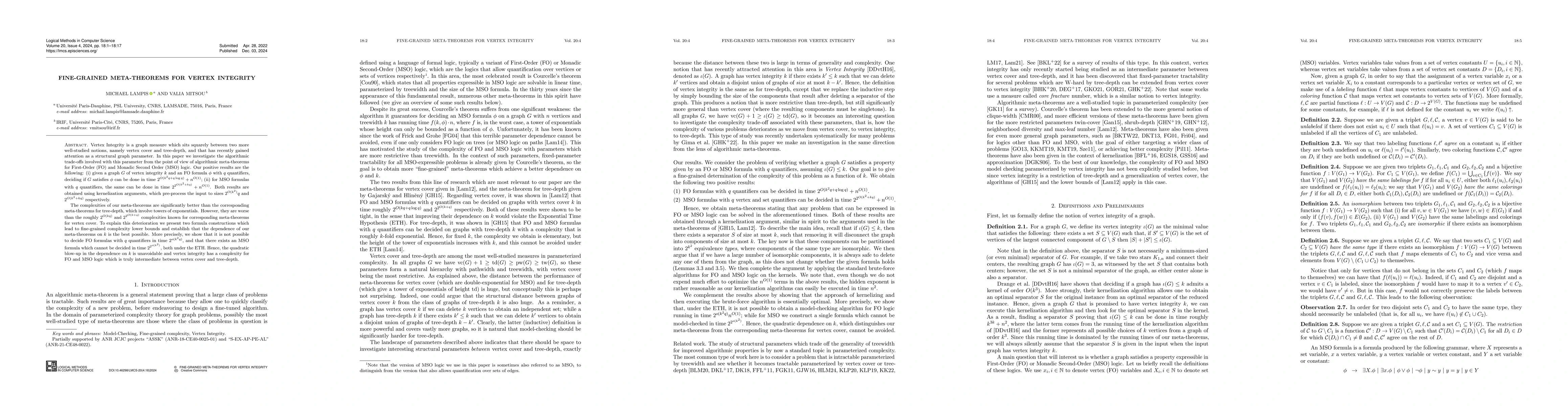 Thumbnail for Fine-grained Meta-Theorems for Vertex Integrity