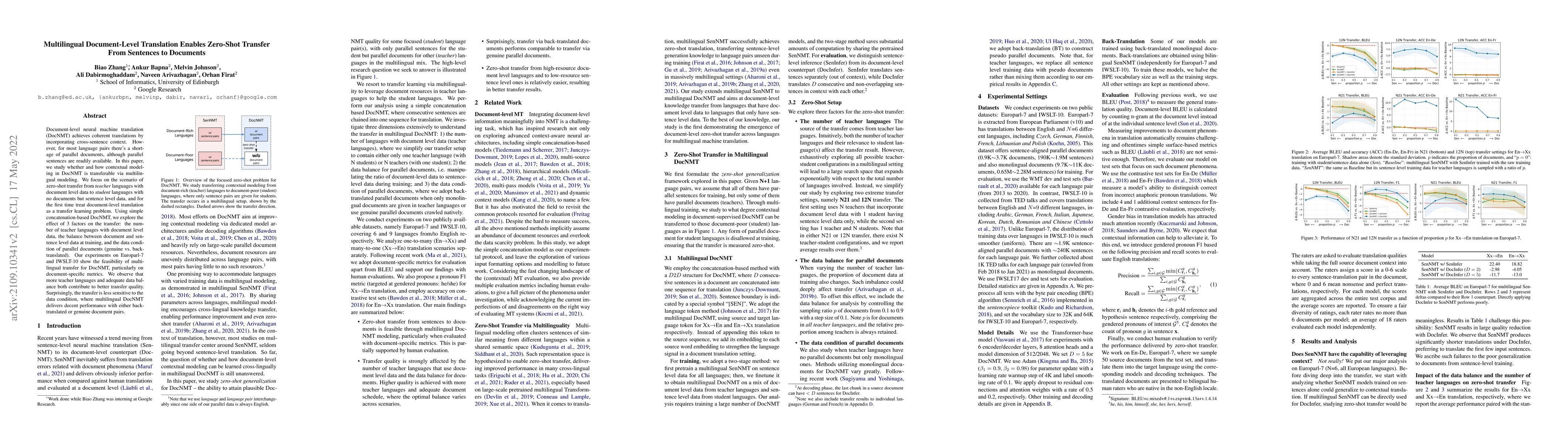Thumbnail for Multilingual Document-Level Translation Enables Zero-Shot Transfer From
  Sentences to Documents