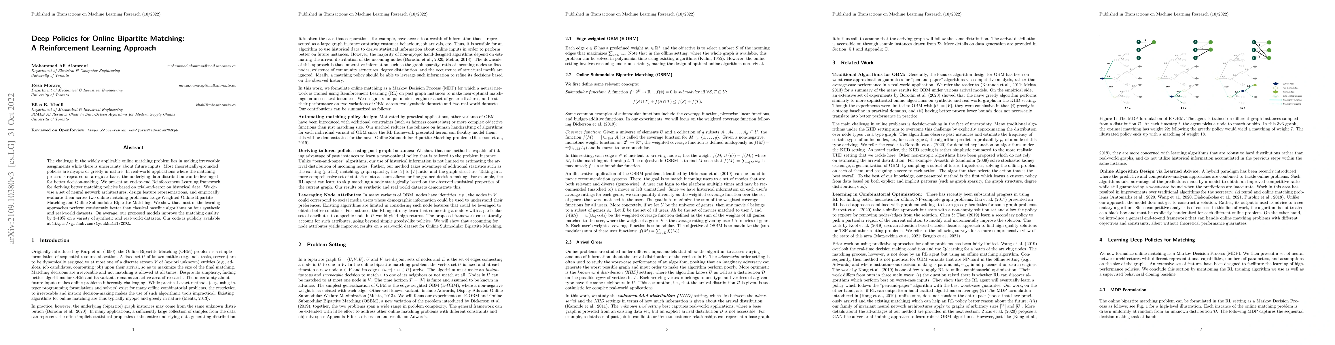 Thumbnail for Deep Policies for Online Bipartite Matching: A Reinforcement Learning
  Approach