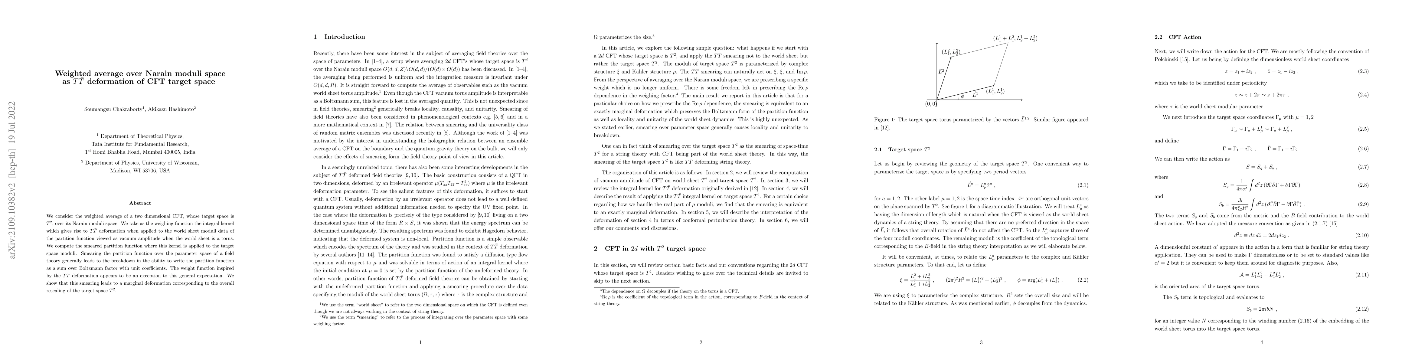 Thumbnail for Weighed average over Narain moduli space as $T \bar T$ deformation of
  CFT target space