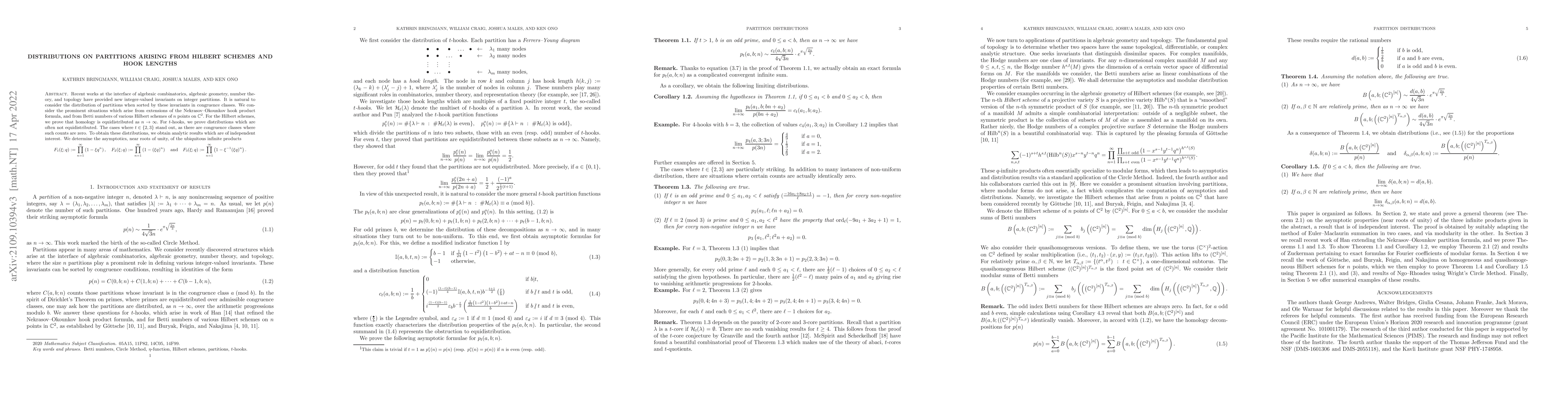Thumbnail for Distributions on partitions arising from Hilbert schemes and hook
  lengths