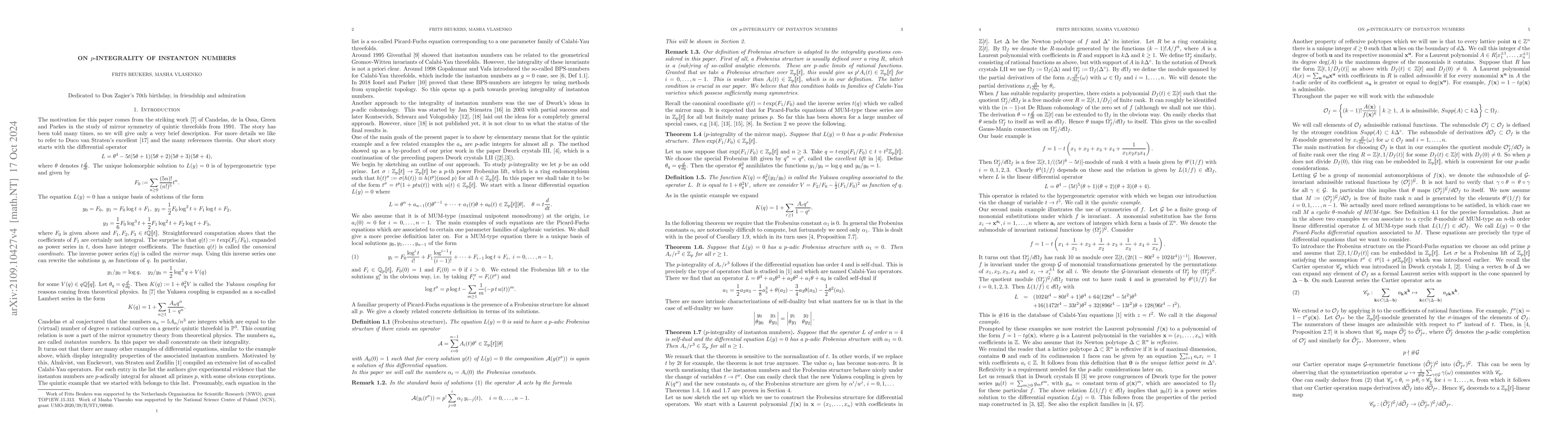 Thumbnail for On $p$-integrality of instanton numbers
