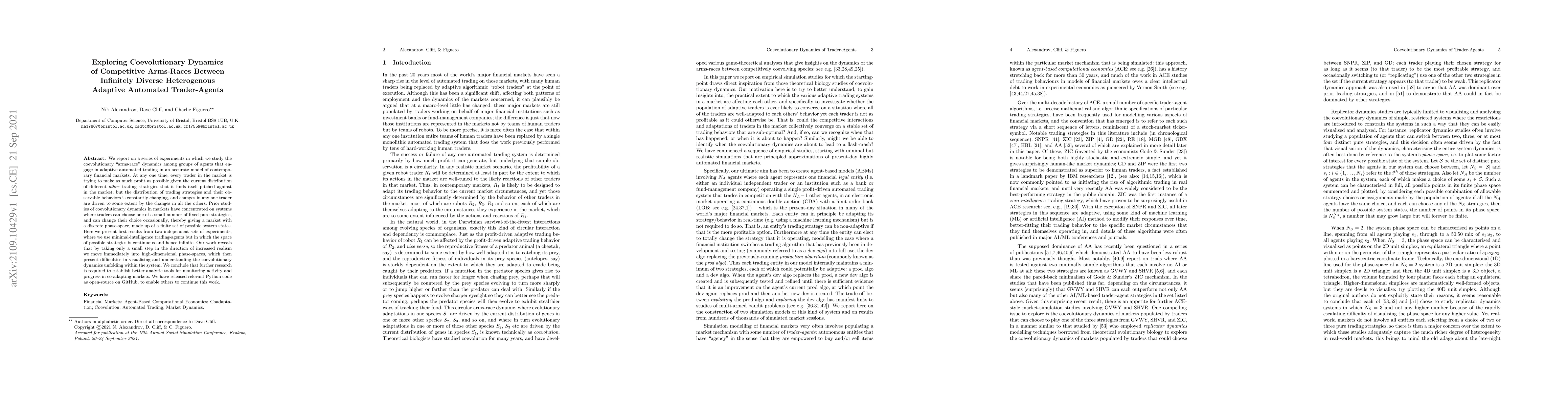 Thumbnail for Exploring Coevolutionary Dynamics of Competitive Arms-Races Between
  Infinitely Diverse Heterogenous Adaptive Automated Trader-Agents