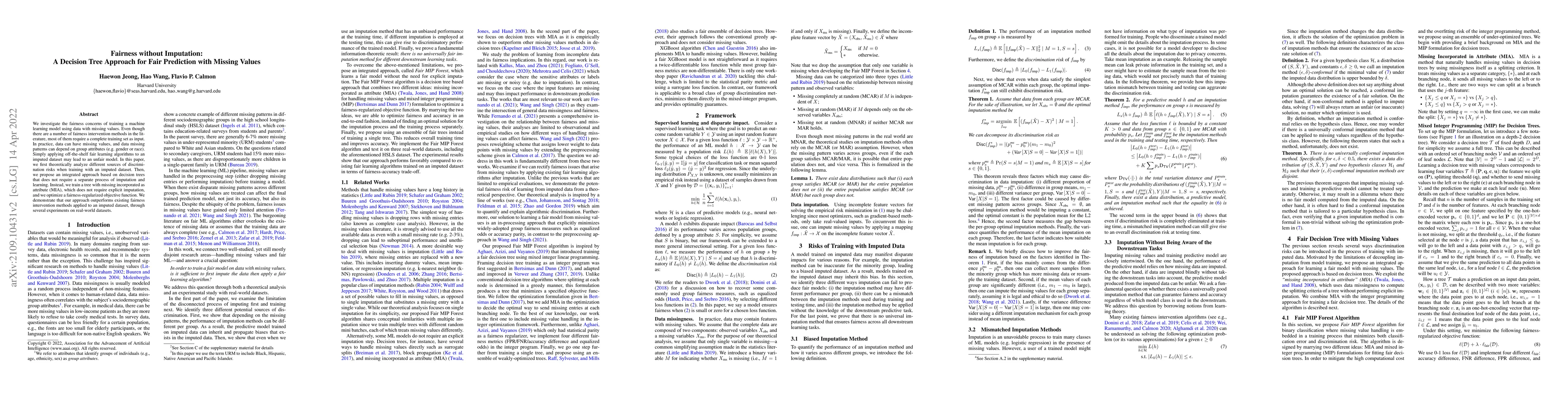 Thumbnail for Fairness without Imputation: A Decision Tree Approach for Fair
  Prediction with Missing Values