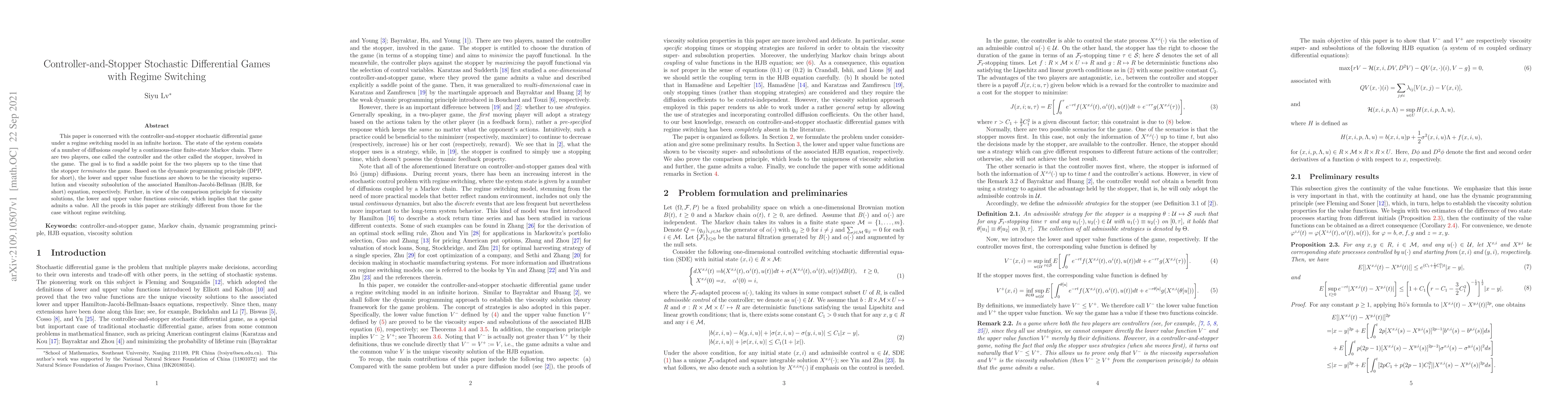 Thumbnail for Controller-and-Stopper Stochastic Differential Games with Regime
  Switching