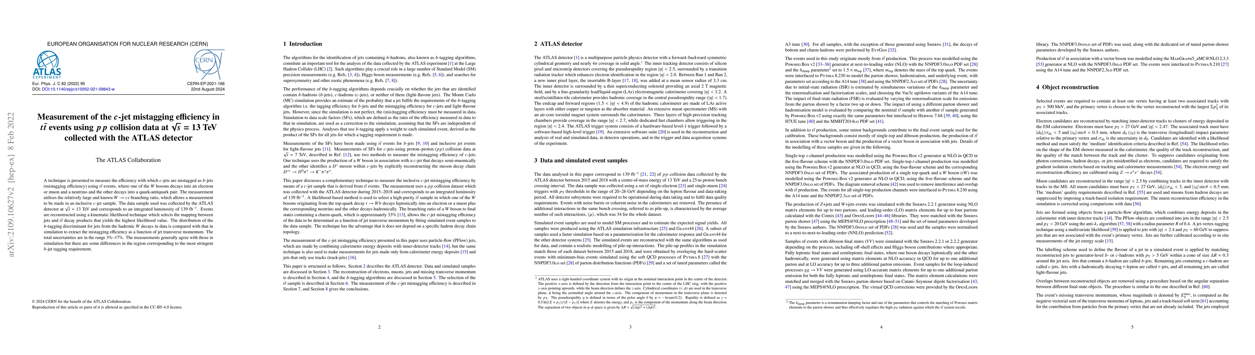 Thumbnail for Measurement of the $c$-jet mistagging efficiency in $t\bar{t}$ events
  using $pp$ collision data at $\sqrt{s}=13$ TeV collected with the ATLAS
  detector