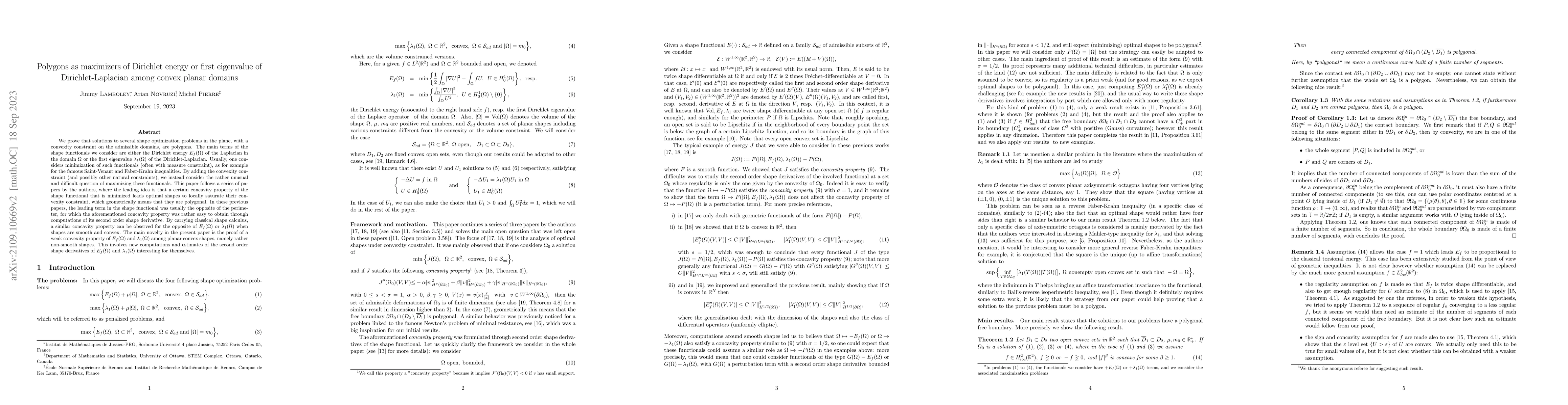 Thumbnail for Polygons as maximizers of Dirichlet energy or first eigenvalue of
  Dirichlet-Laplacian among convex planar domains