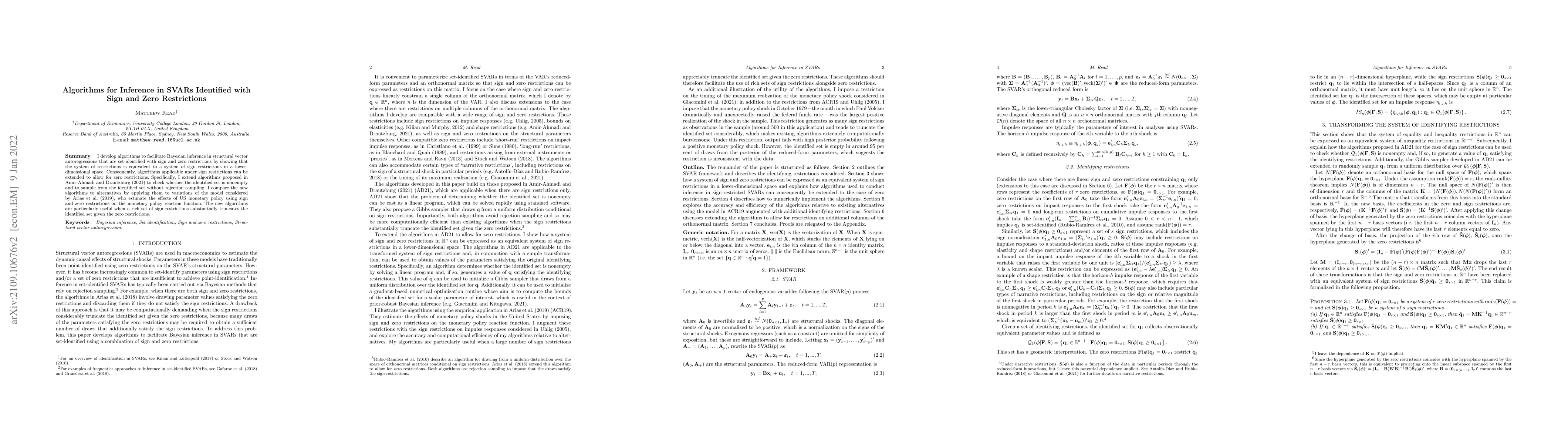 Thumbnail for Algorithms for Inference in SVARs Identified with Sign and Zero
  Restrictions
