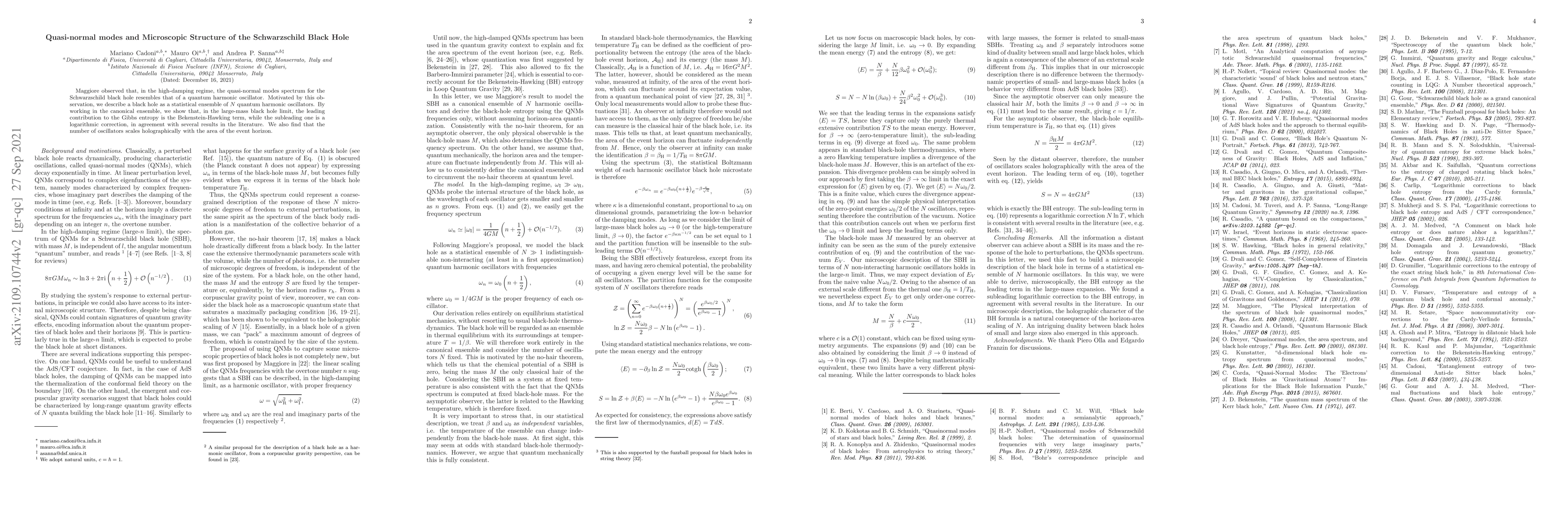 Thumbnail for Quasi-normal modes and Microscopic Structure of the Schwarzschild Black
  Hole