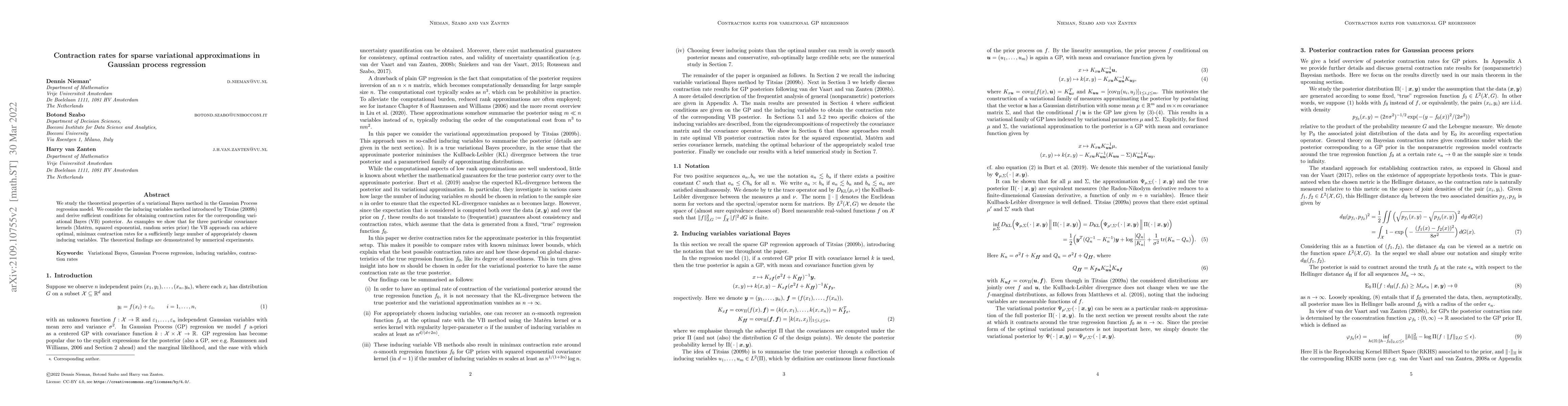 Thumbnail for Contraction rates for sparse variational approximations in Gaussian
  process regression