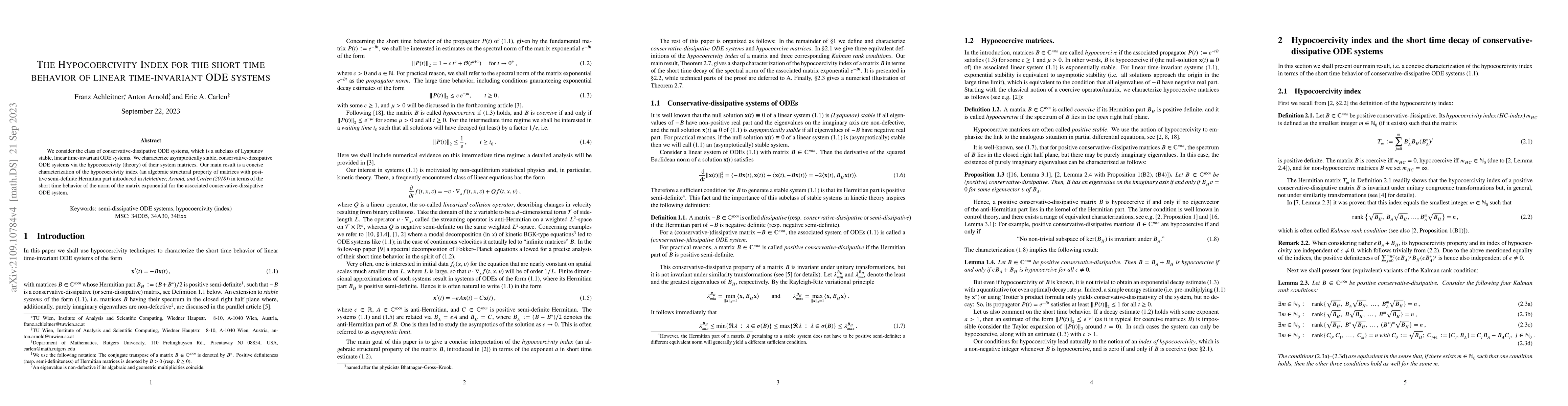 Thumbnail for The hypocoercivity index for the short time behavior of linear
  time-invariant ODE systems