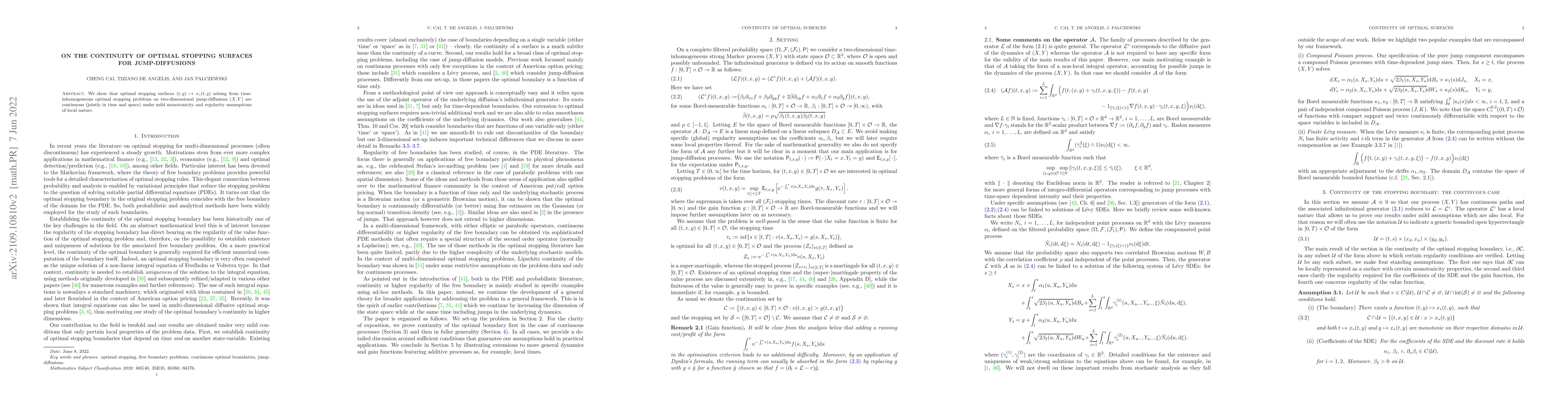 Thumbnail for On the continuity of optimal stopping surfaces for jump-diffusions