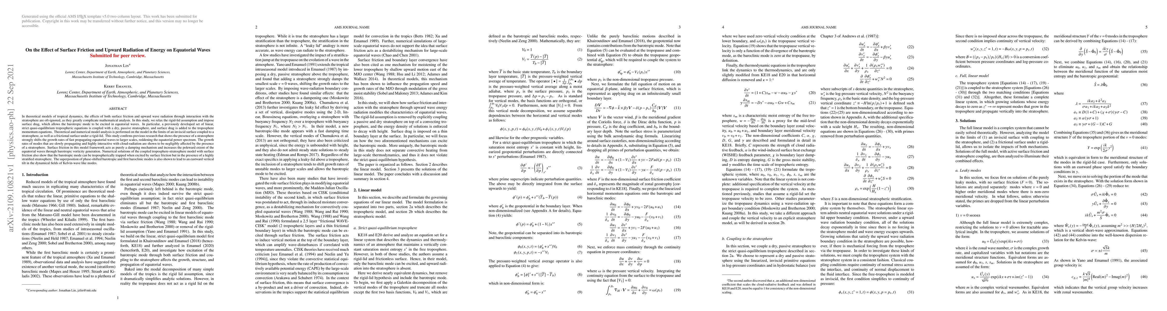 Thumbnail for On the Effect of Surface Friction and Upward Radiation of Energy on
  Equatorial Waves