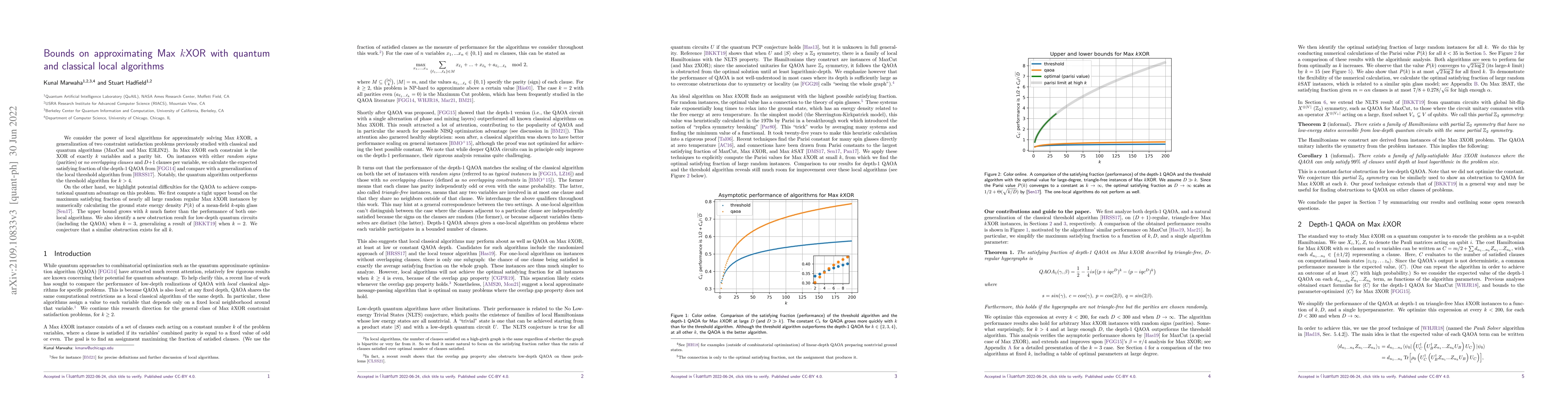 Thumbnail for Bounds on approximating Max $k$XOR with quantum and classical local
  algorithms