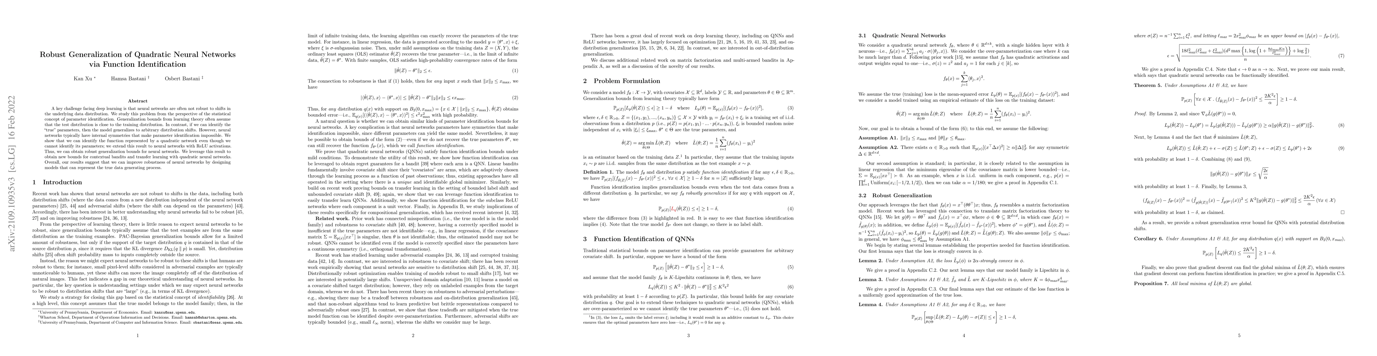 Thumbnail for Robust Generalization of Quadratic Neural Networks via Function
  Identification