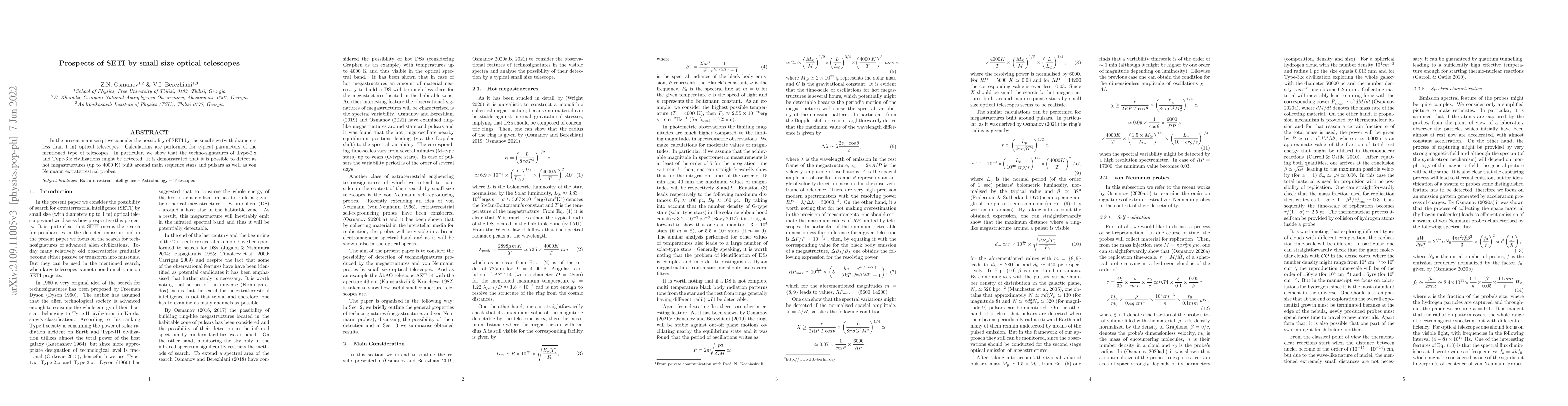 Thumbnail for Prospects of SETI by small size optical telescopes