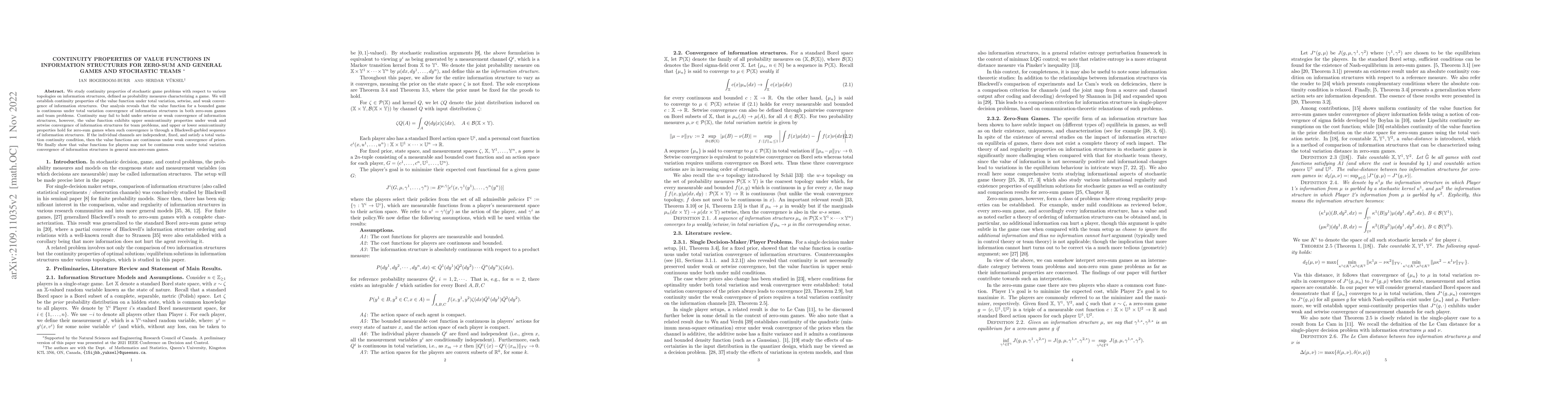 Thumbnail for Continuity Properties of Value Functions in Information Structures for
  Zero-Sum and General Games and Stochastic Teams