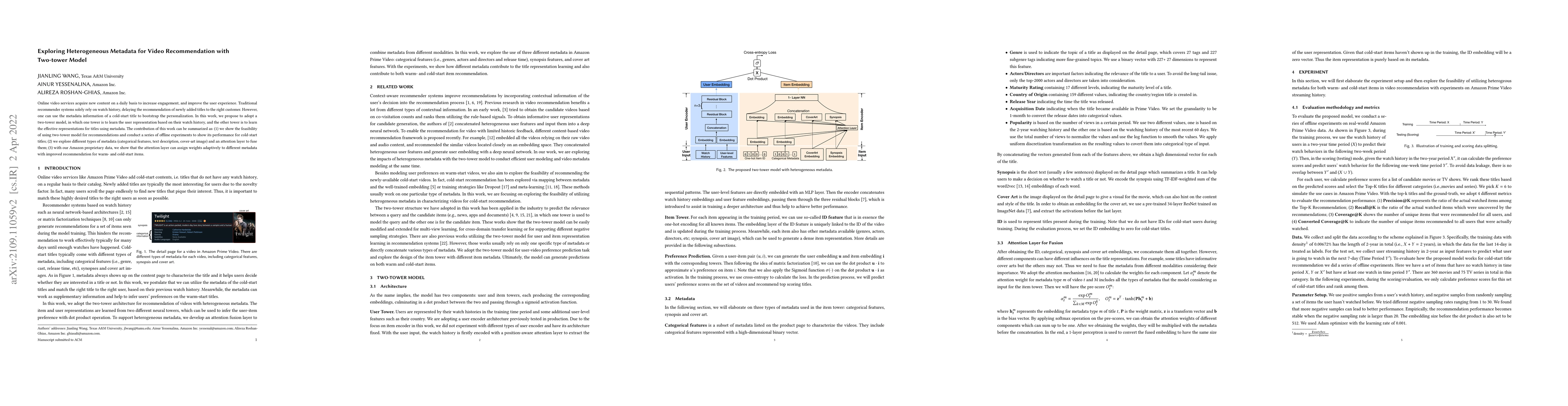 Thumbnail for Exploring Heterogeneous Metadata for Video Recommendation with Two-tower
  Model