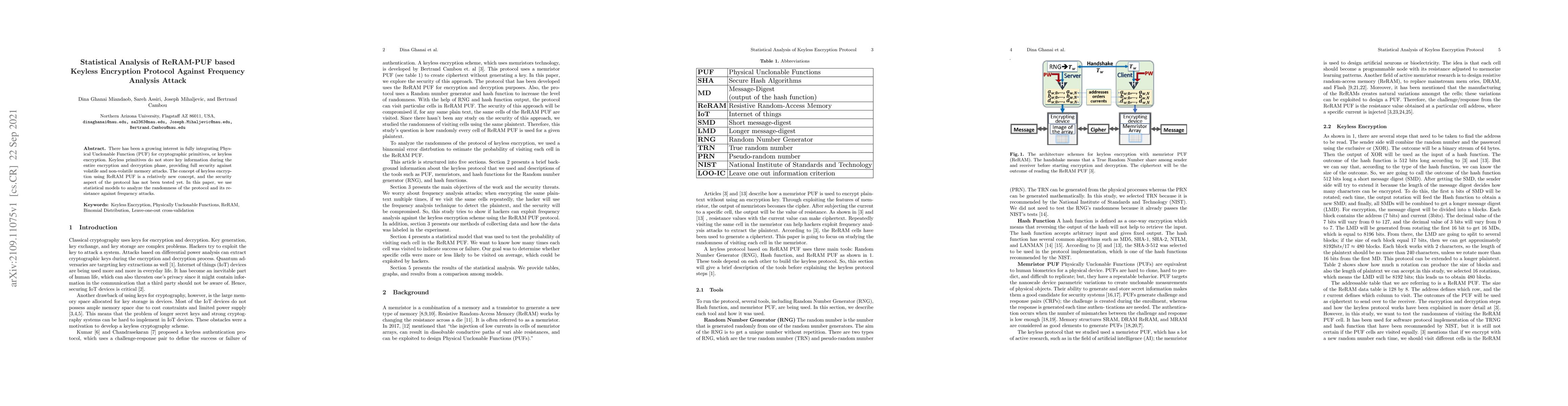 Thumbnail for Statistical Analysis of ReRAM-PUF based Keyless Encryption Protocol
  Against Frequency Analysis Attack