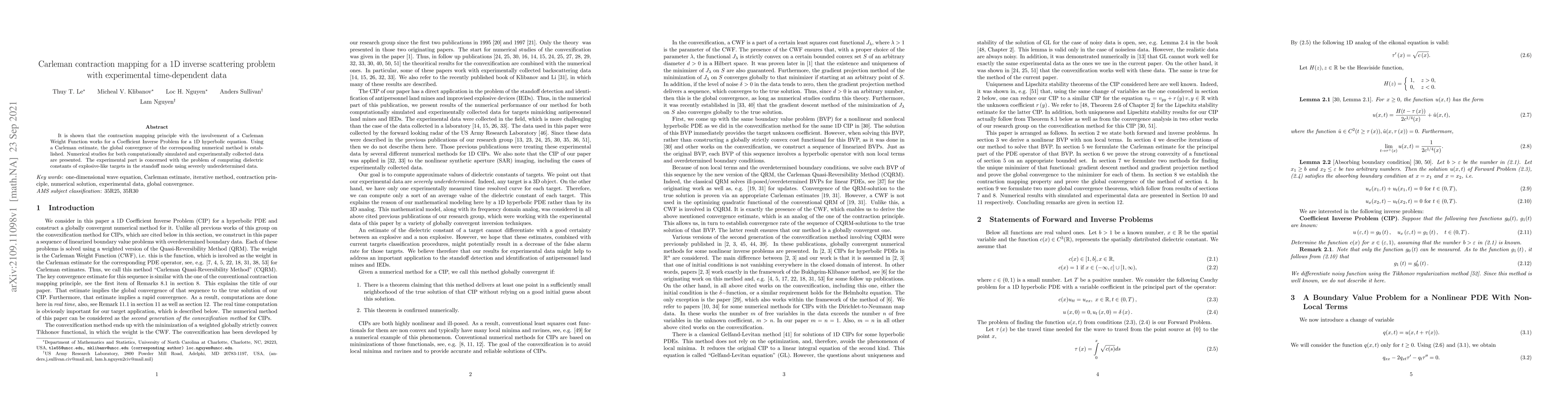 Thumbnail for Carleman contraction mapping for a 1D inverse scattering problem with
  experimental time-dependent data