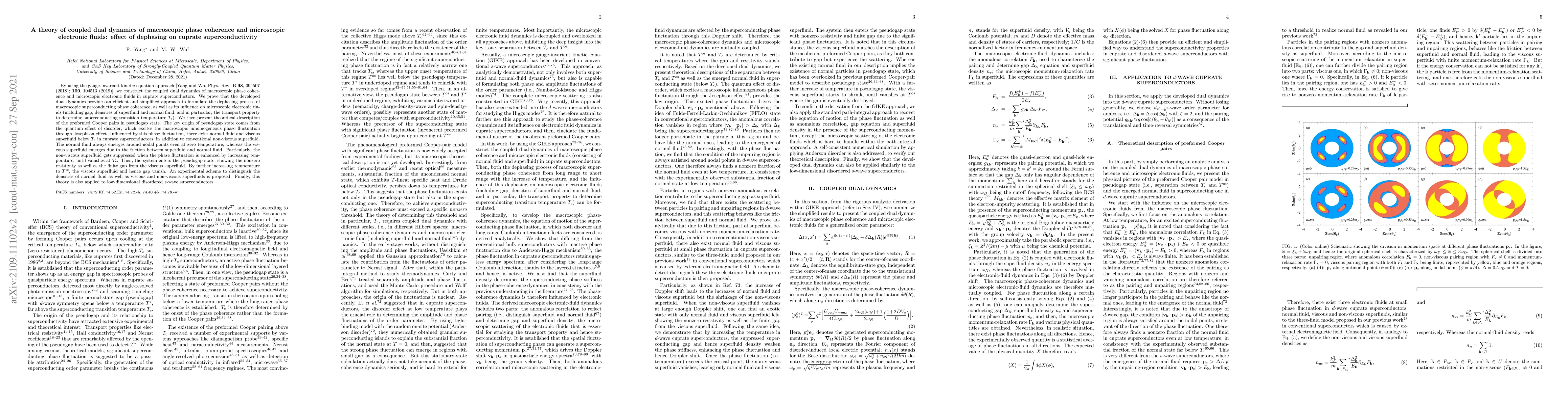 Thumbnail for A theory of coupled dual dynamics of macroscopic phase coherence and
  microscopic electronic fluids: effect of dephasing on cuprate
  superconductivity