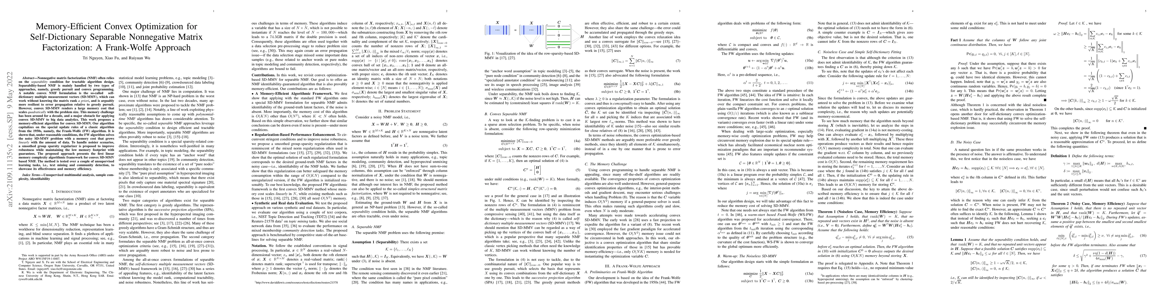 Thumbnail for Memory-Efficient Convex Optimization for Self-Dictionary Separable
  Nonnegative Matrix Factorization: A Frank-Wolfe Approach