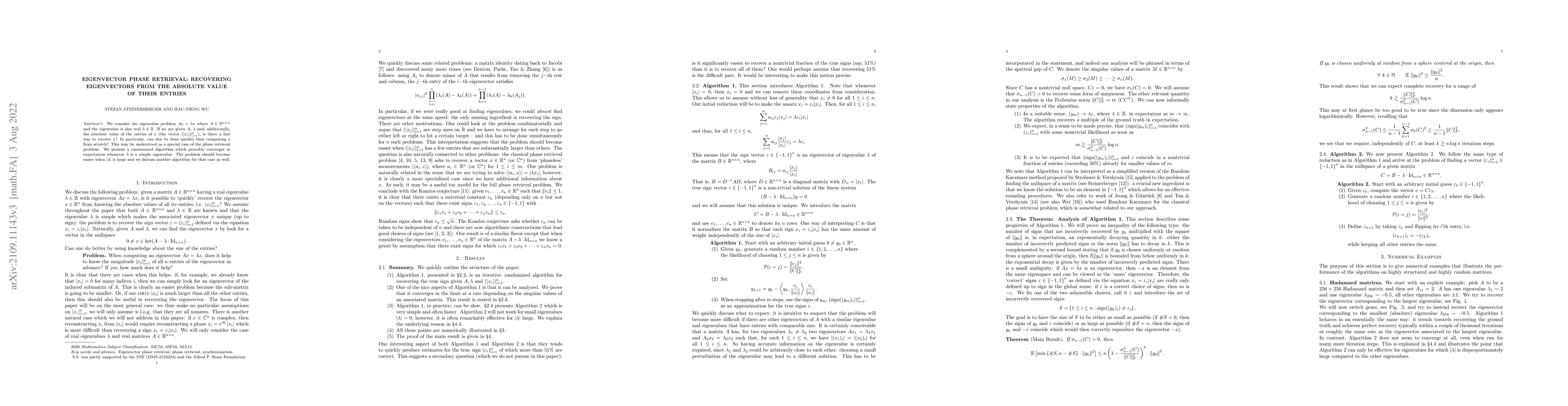 Thumbnail for Eigenvector Phase Retrieval: Recovering eigenvectors from the absolute
  value of their entries