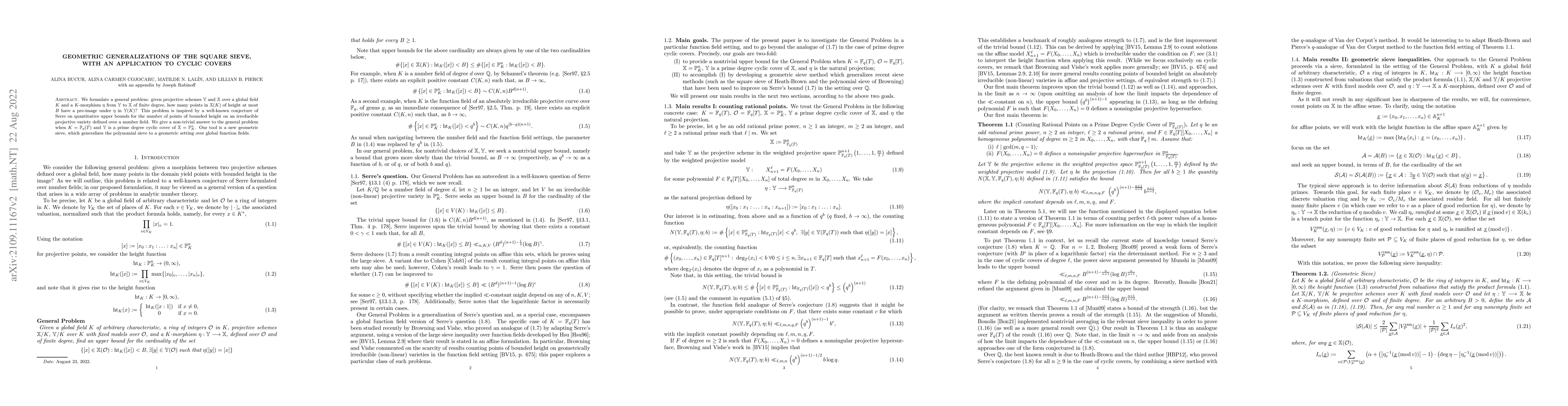 Thumbnail for Geometric generalizations of the square sieve, with an application to
  cyclic covers