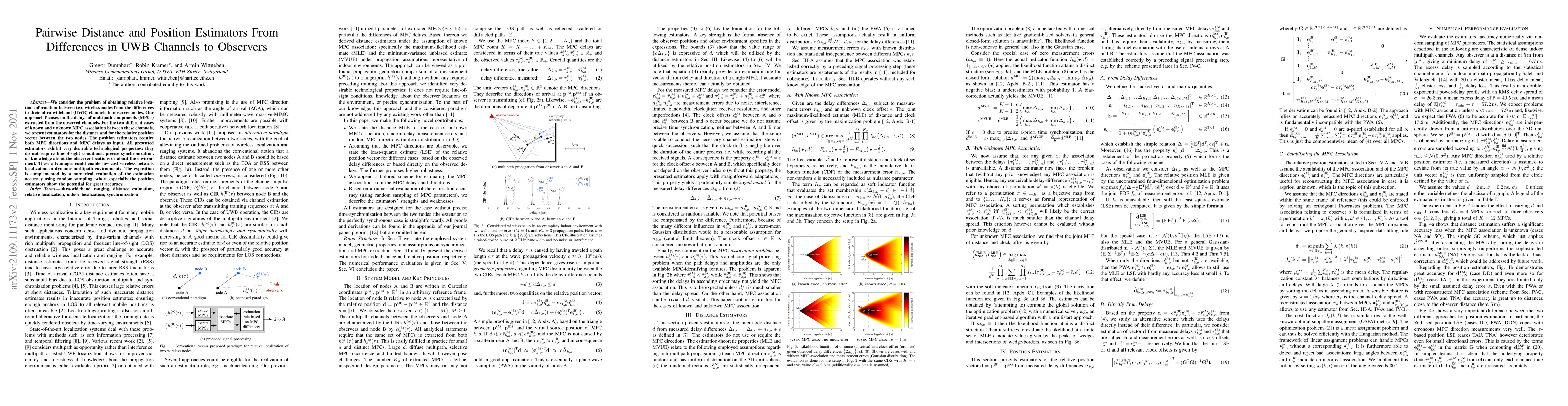 Thumbnail for Pairwise Distance and Position Estimators From Differences in UWB
  Channels to Observers