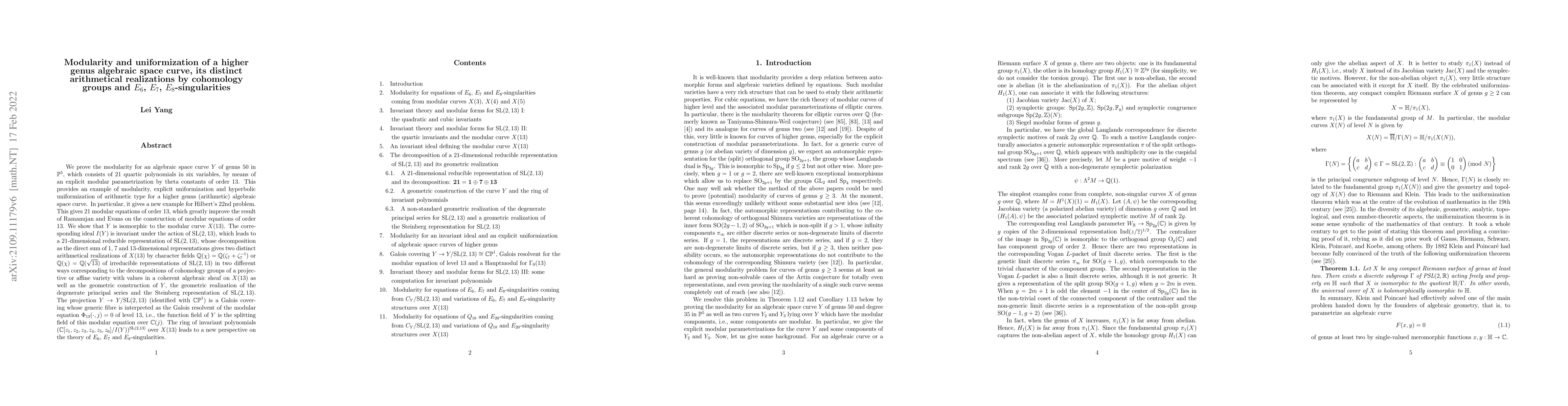 Thumbnail for Modularity and uniformization of a higher genus algebraic space curve,
  its distinct arithmetical realizations by cohomology groups and $E_6$, $E_7$,
  $E_8$-singularities